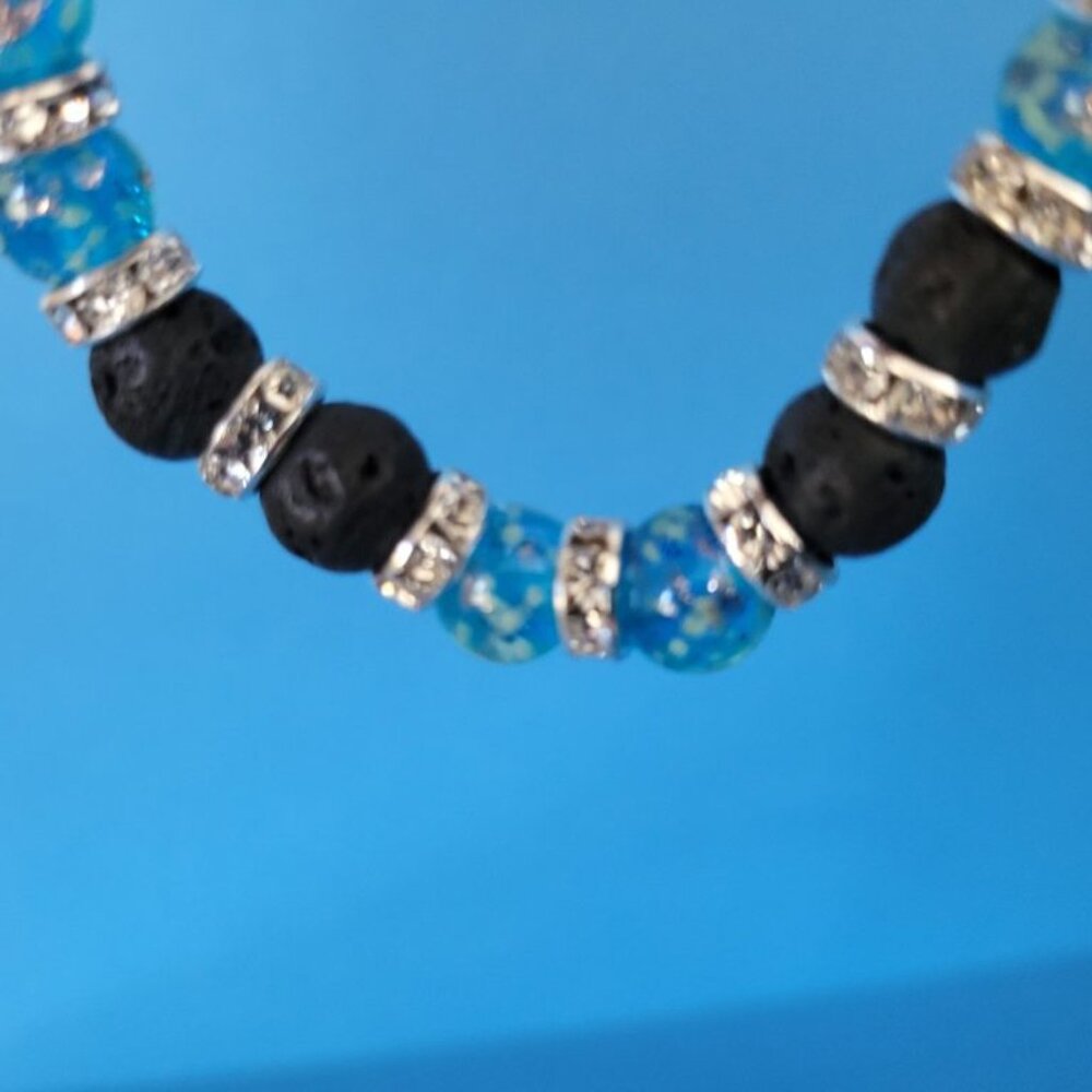 New! Glow In The Dark Stretch Bracelet. Lava Rock & Blue Firefly Glass! Stunning - Picture 3 of 5